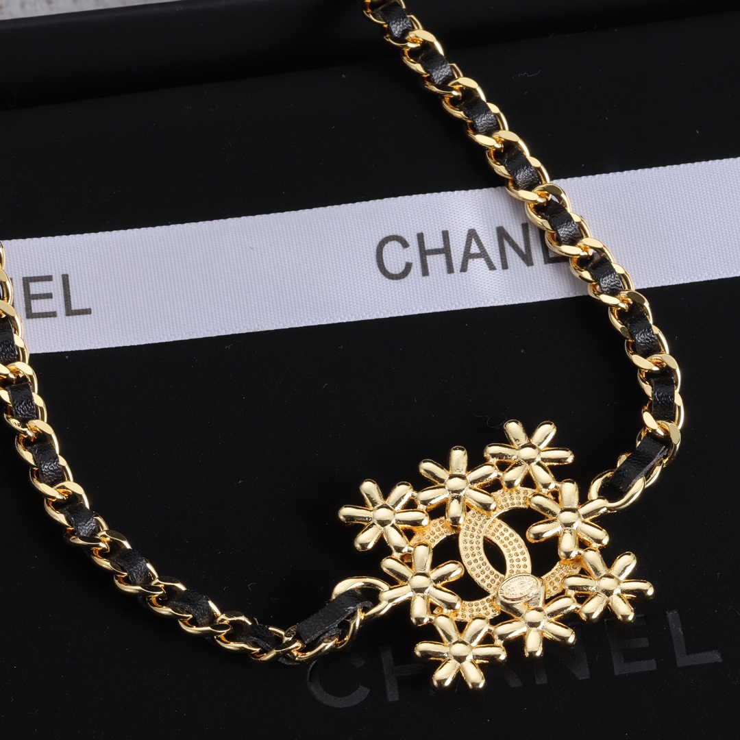 CCN087 Chanel Square snowflake with cc logo choker necklace metal leater chain - ccjewelryacc