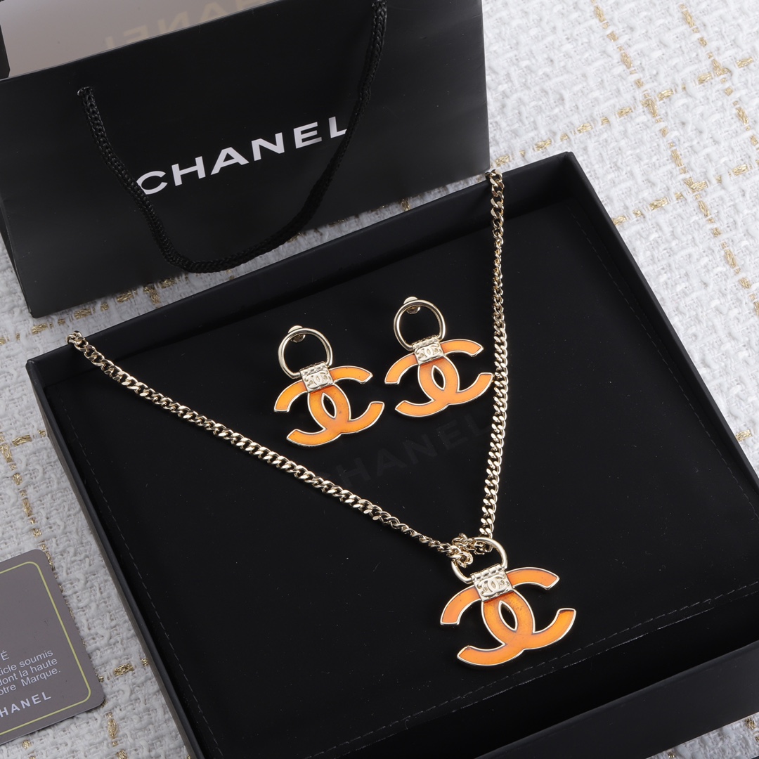 CCN520 Orange CC Logo pendant necklace earring - ccjewelryacc