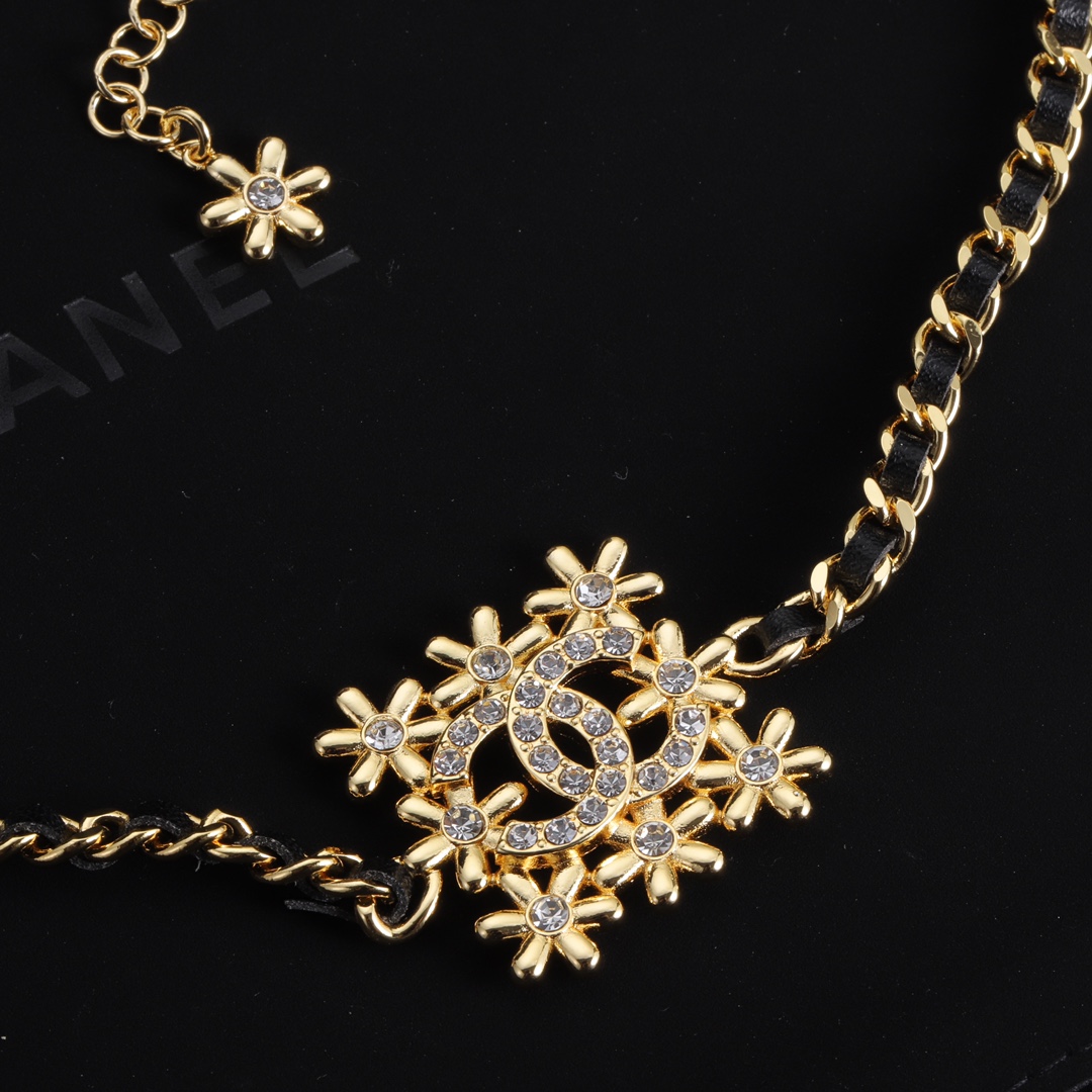 CCN087 Chanel Square snowflake with cc logo choker necklace metal leater chain - ccjewelryacc
