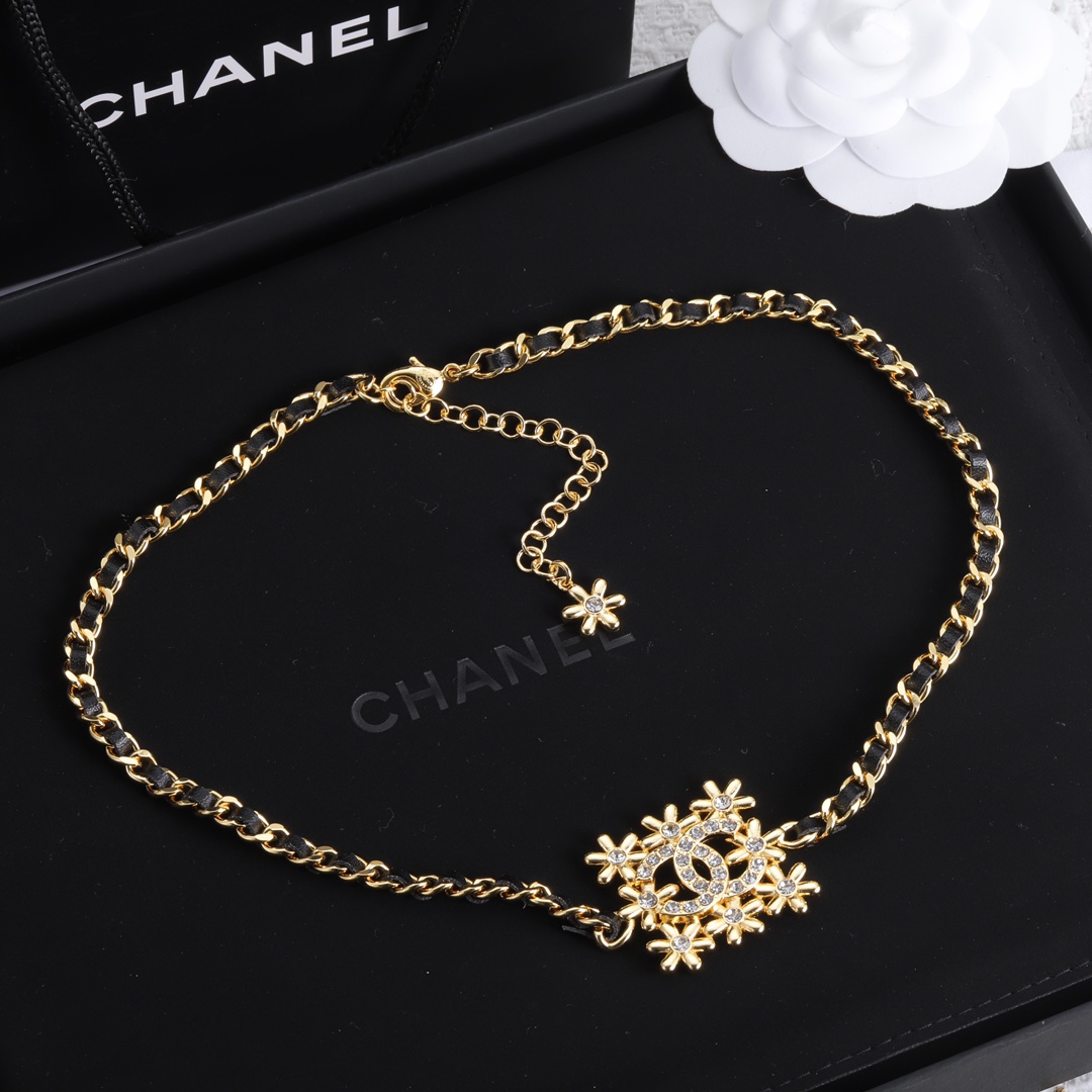 CCN087 Chanel Square snowflake with cc logo choker necklace metal leater chain - ccjewelryacc
