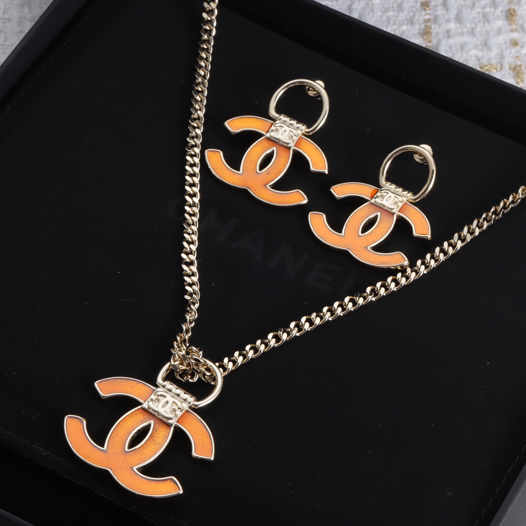 CCN520 Orange CC Logo pendant necklace earring - ccjewelryacc