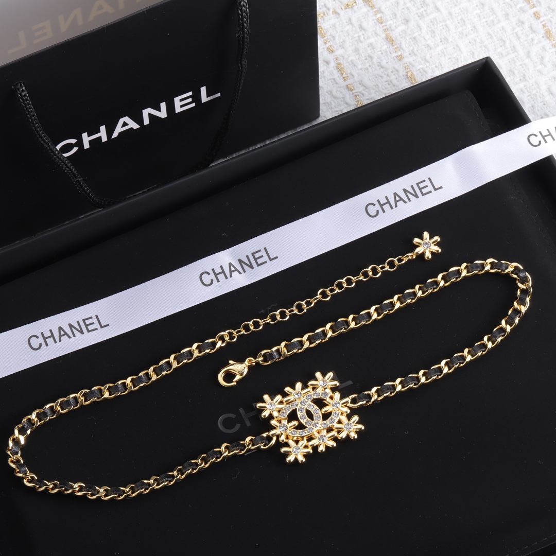 CCN087 Chanel Square snowflake with cc logo choker necklace metal leater chain - ccjewelryacc