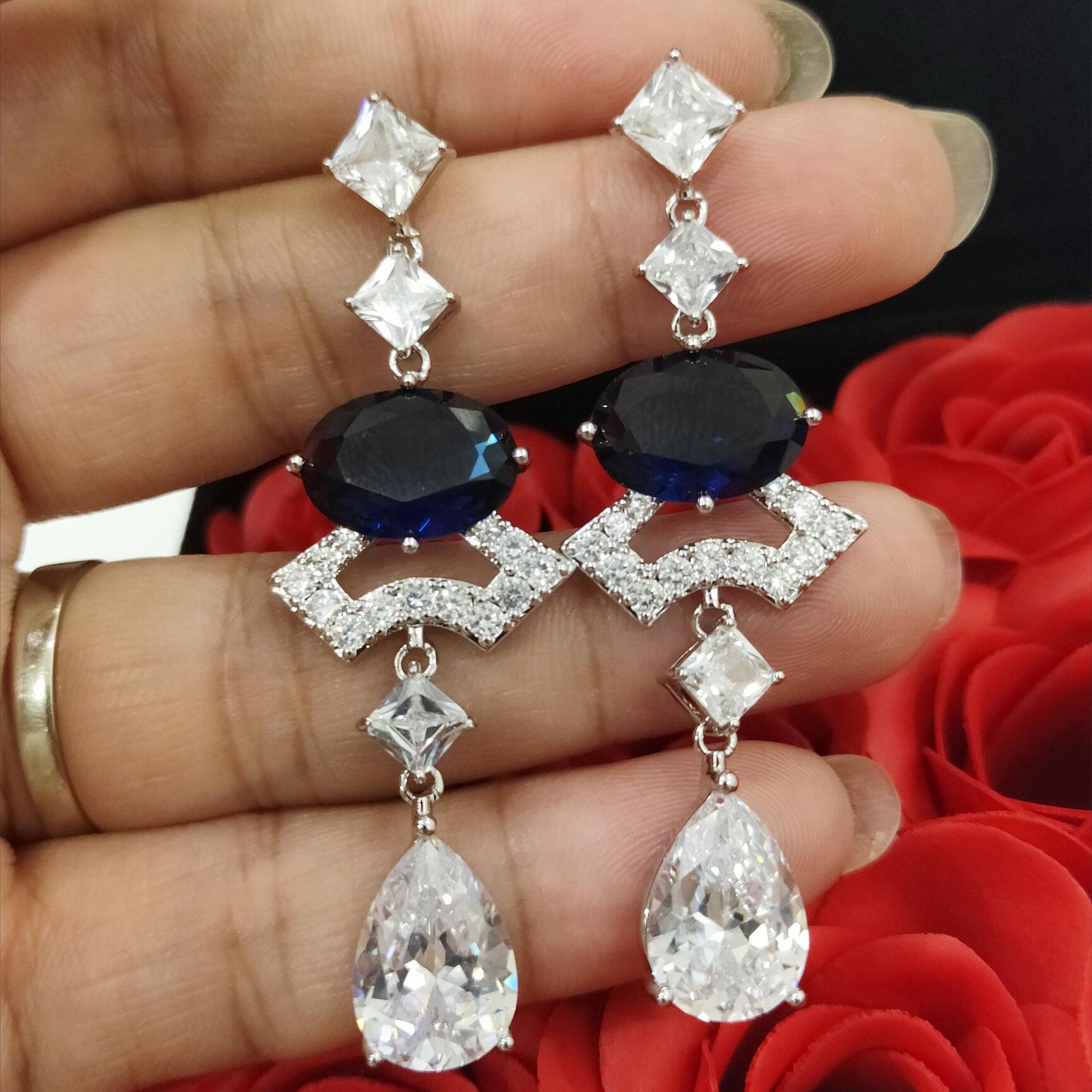 BGE023 Blue gemstone diamond fan divas' drean drop earrings - ccjewelryacc