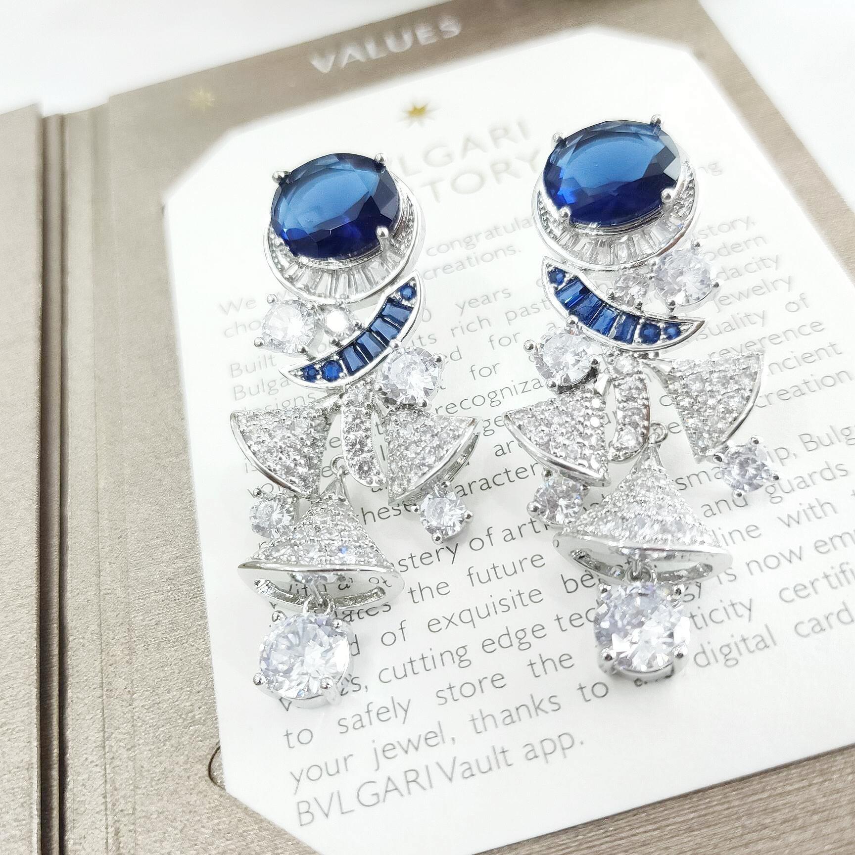 BGE024 Blue gemstone diamond fan drop earrings - ccjewelryacc