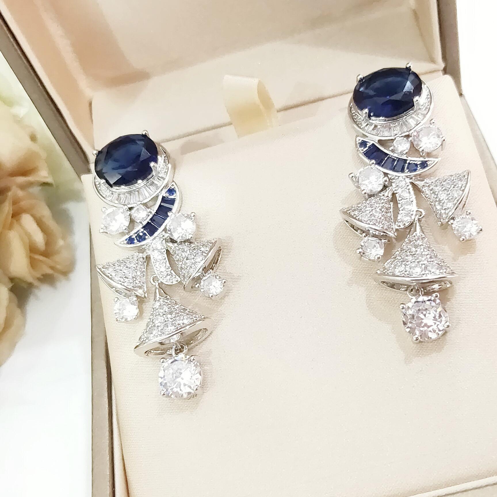 BGE024 Blue gemstone diamond fan drop earrings - ccfashionjewelry