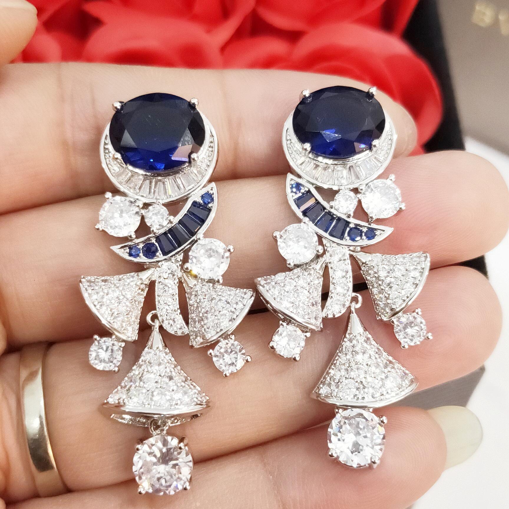 BGE024 Blue gemstone diamond fan drop earrings - ccjewelryacc