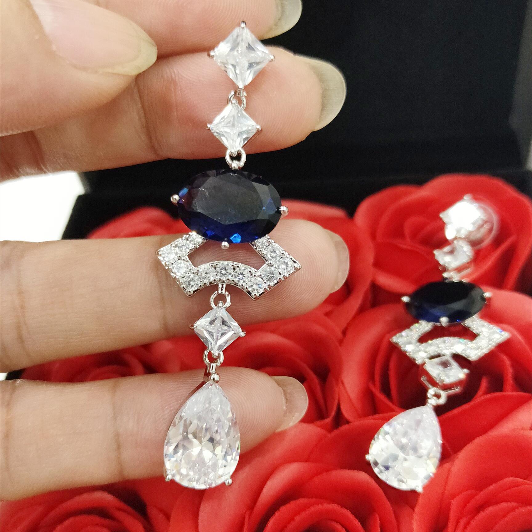 BGE023 Blue gemstone diamond fan divas' drean drop earrings - ccjewelryacc