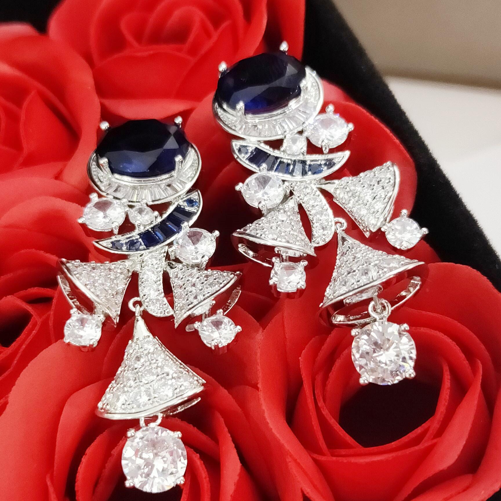 BGE024 Blue gemstone diamond fan drop earrings - ccjewelryacc