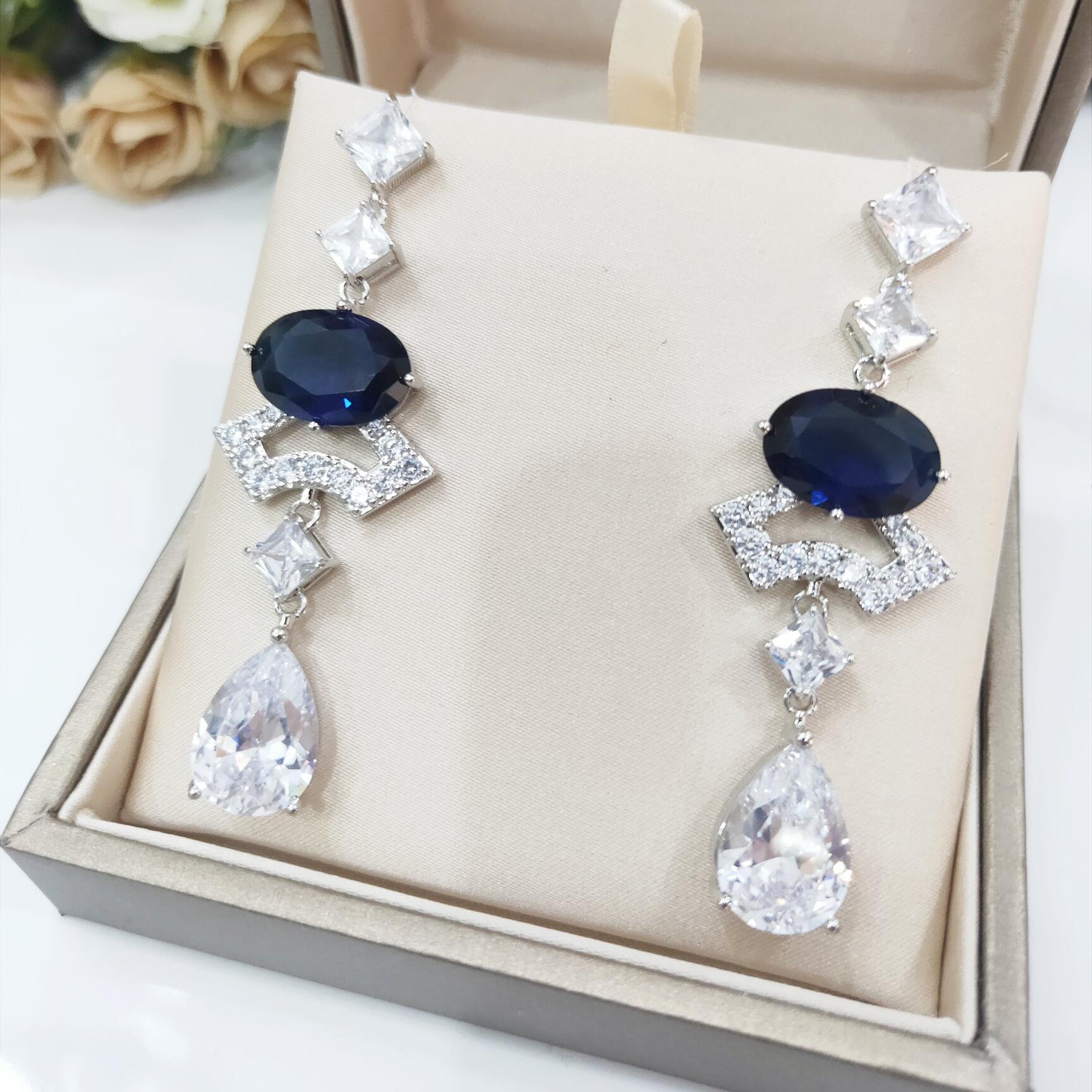 BGE023 Blue gemstone diamond fan divas' drean drop earrings - ccfashionjewelry