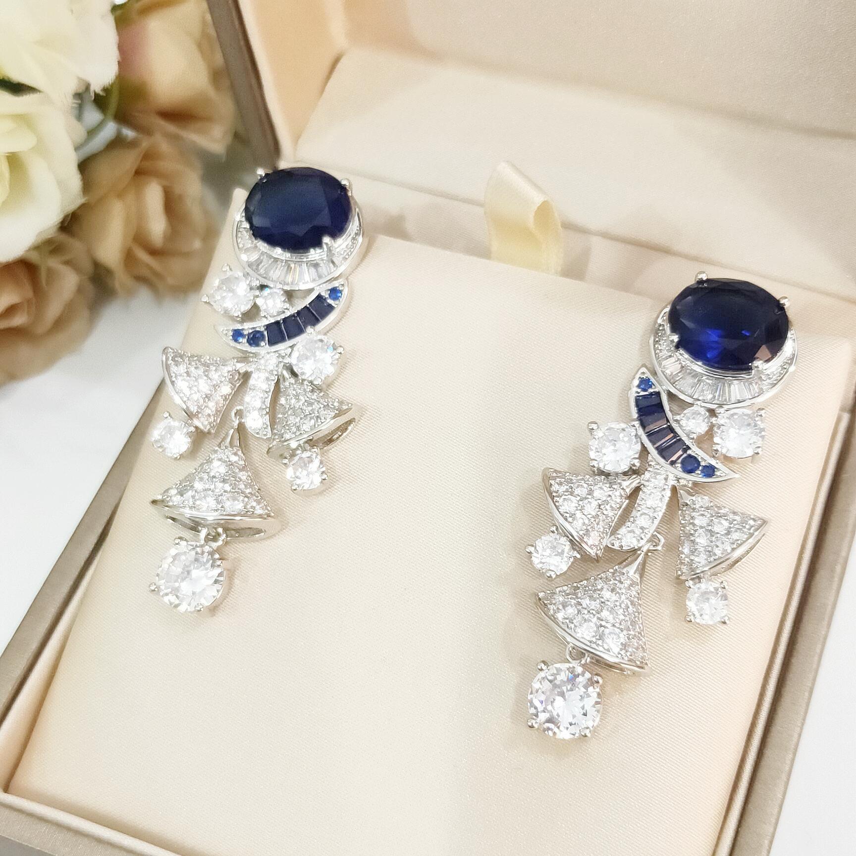 BGE024 Blue gemstone diamond fan drop earrings - ccjewelryacc