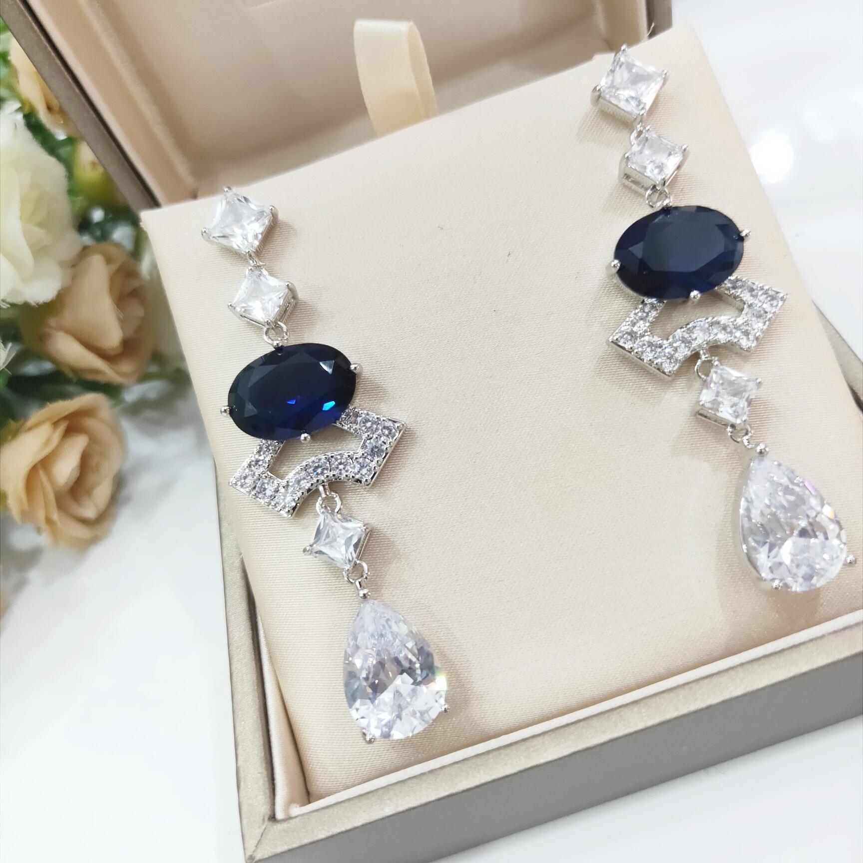BGE023 Blue gemstone diamond fan divas' drean drop earrings - ccjewelryacc