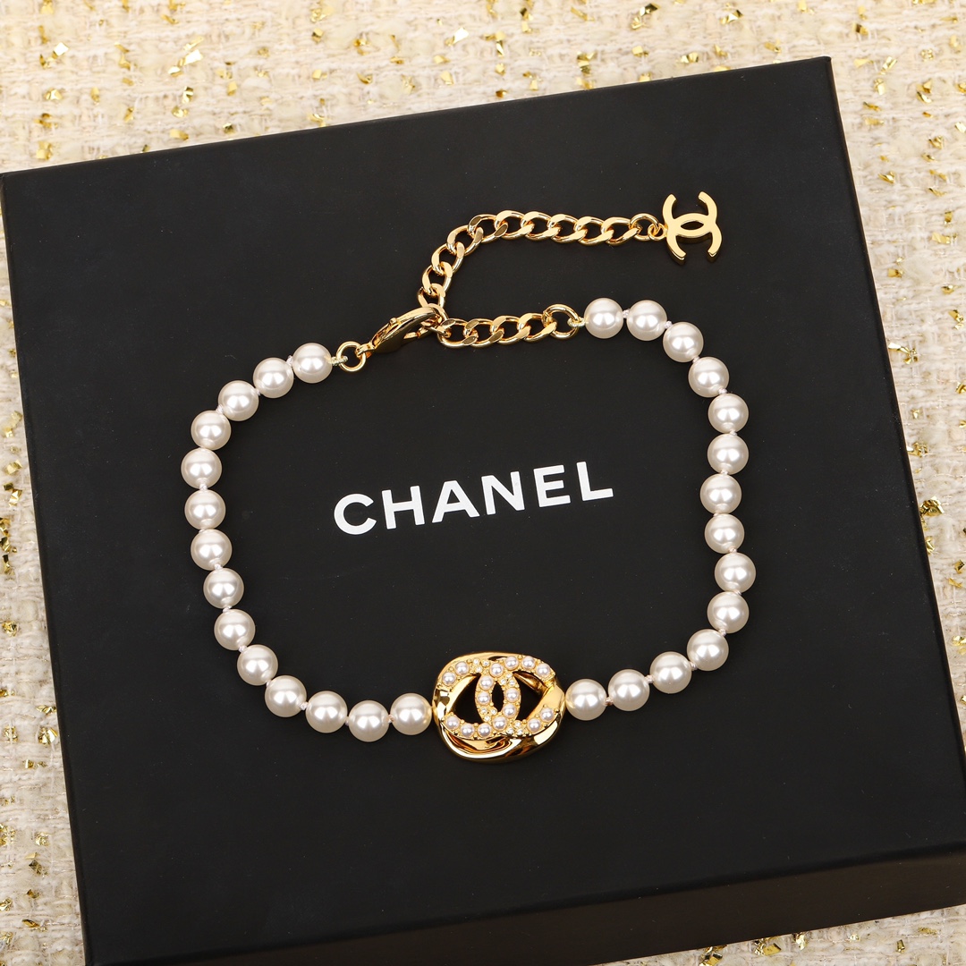 CCN444 CC pearl choker necklace with cc logo - ccjewelryacc