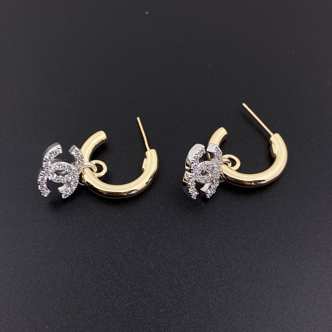 CCE246 Chanel Gold Silver color with crystal cc hook earrings - ccjewelryacc