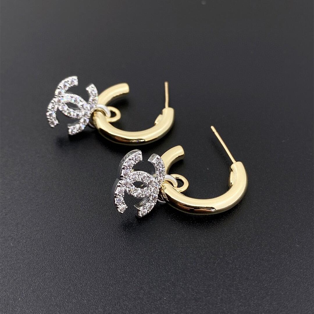 CCE246 Chanel Gold Silver color with crystal cc hook earrings - ccjewelryacc
