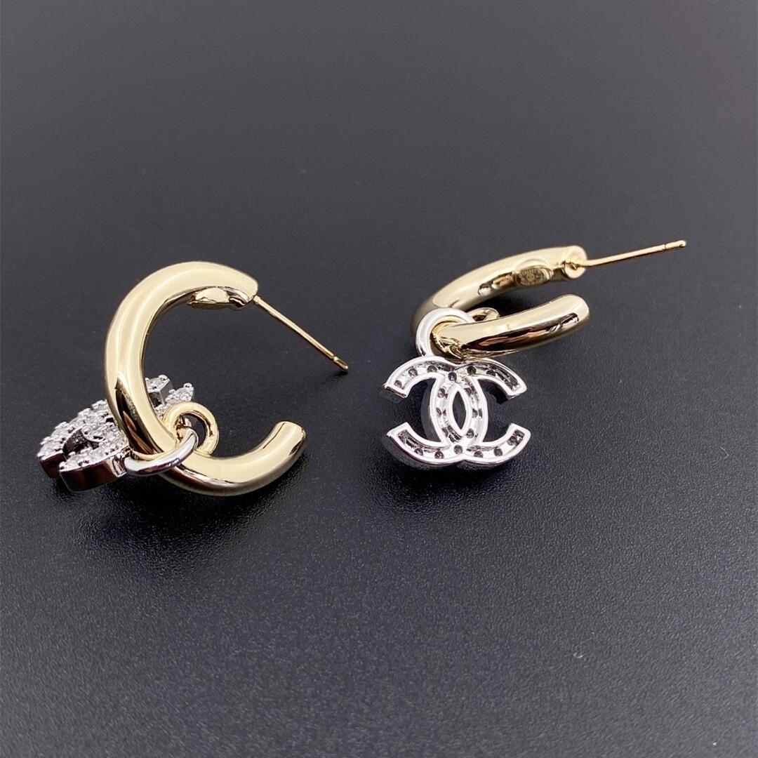 CCE246 Chanel Gold Silver color with crystal cc hook earrings - ccjewelryacc