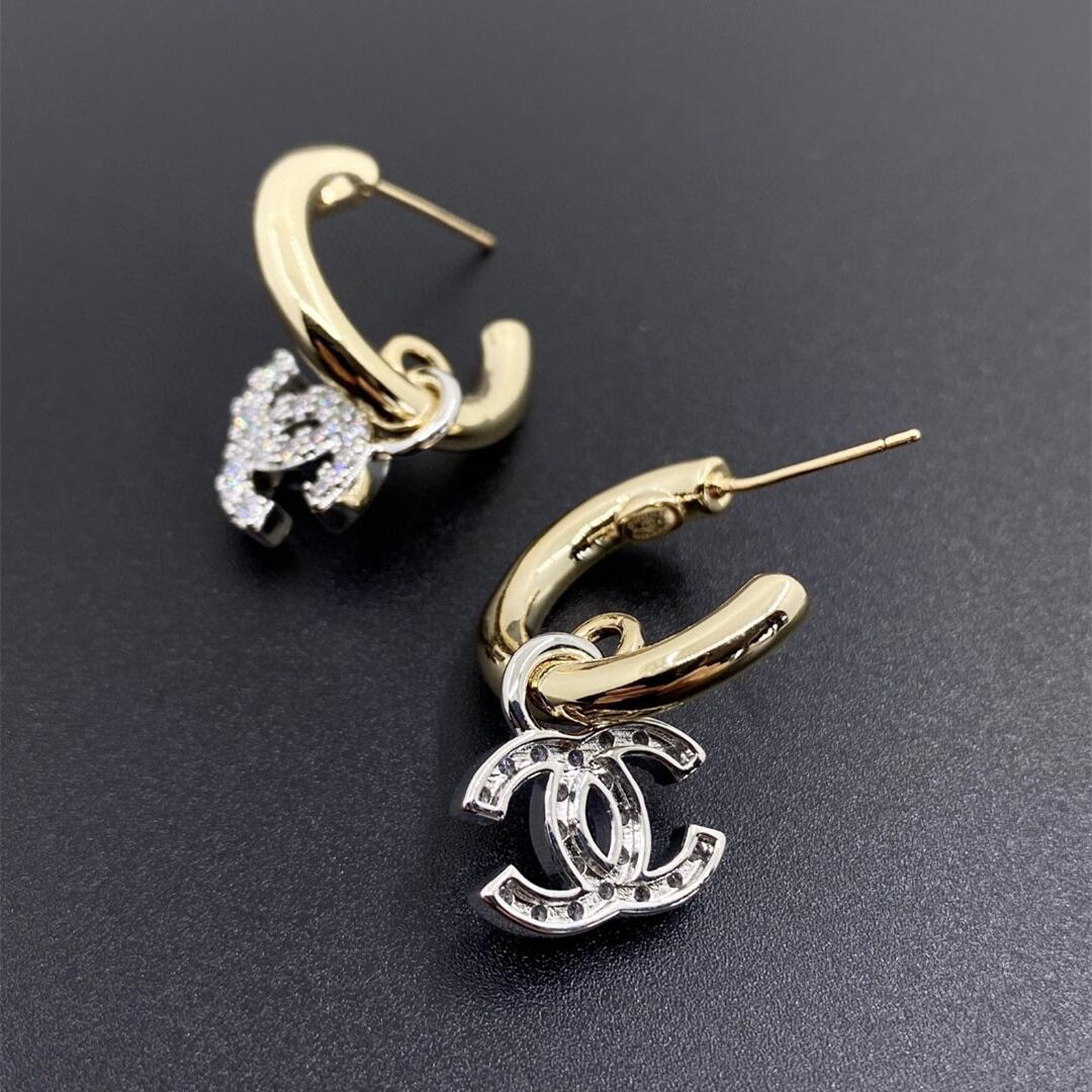 CCE246 Chanel Gold Silver color with crystal cc hook earrings - ccjewelryacc