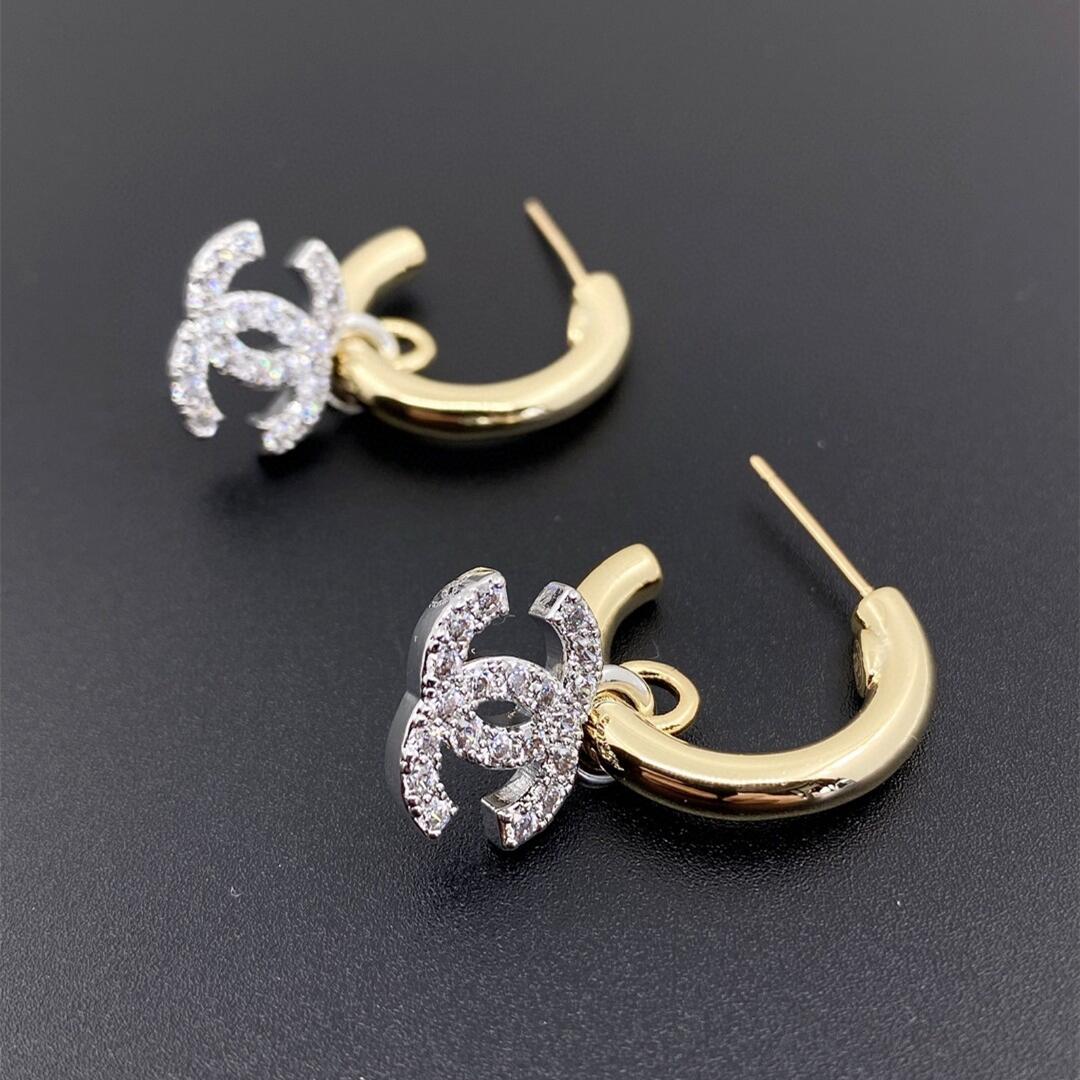CCE246 Chanel Gold Silver color with crystal cc hook earrings - ccfashionjewelry