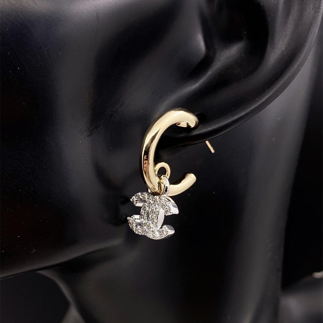 CCE246 Chanel Gold Silver color with crystal cc hook earrings - ccjewelryacc
