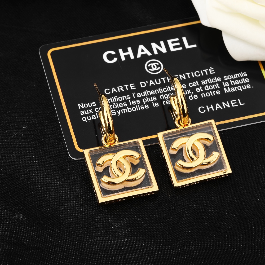 CCE344 Gold plated square acrylic cc logo pendant earrings. - ccjewelryacc