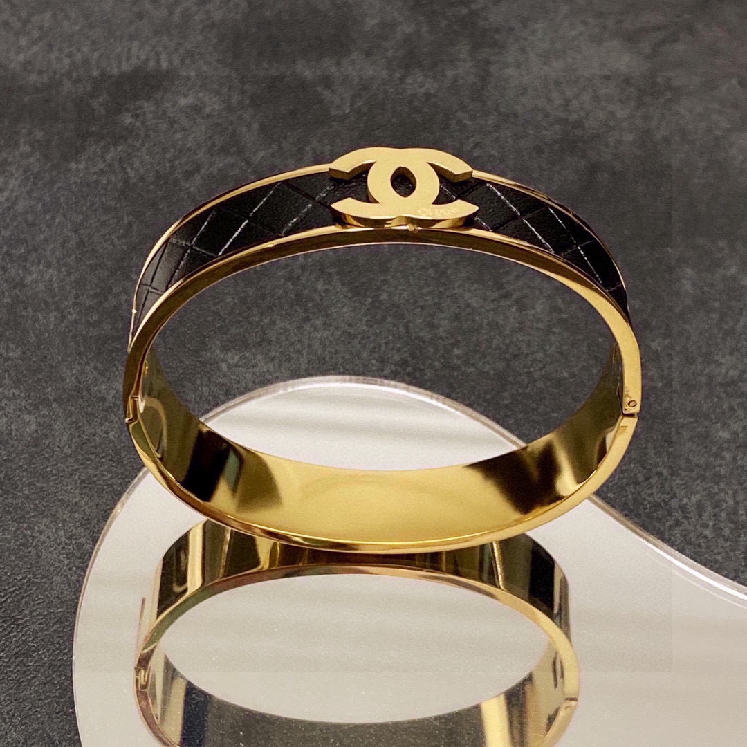 CCS142 Black Leather and Metal gold bangle bracelet - ccjewelryacc