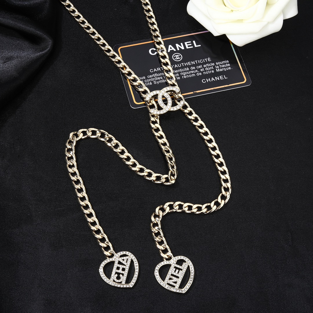 CCL291 Double heart with cc logo long chain tassels sweater necklace - ccjewelryacc