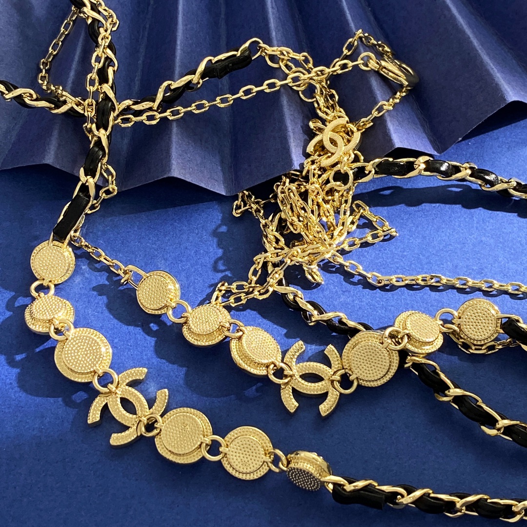 CCL076 Metal leather long chain pink rhinestone with cc logo sweater necklace - ccjewelryacc