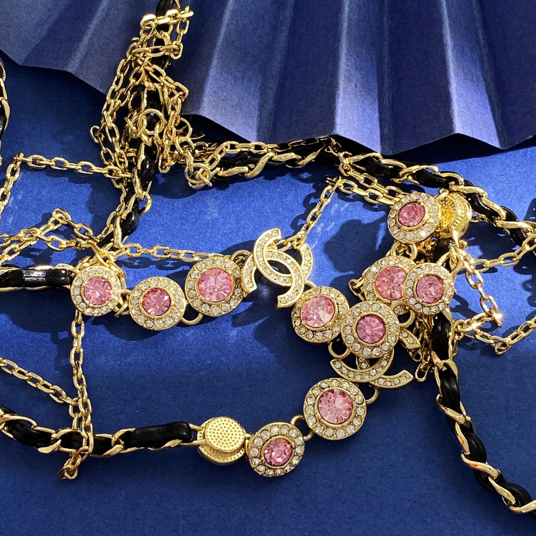 CCL076 Metal leather long chain pink rhinestone with cc logo sweater necklace - ccjewelryacc