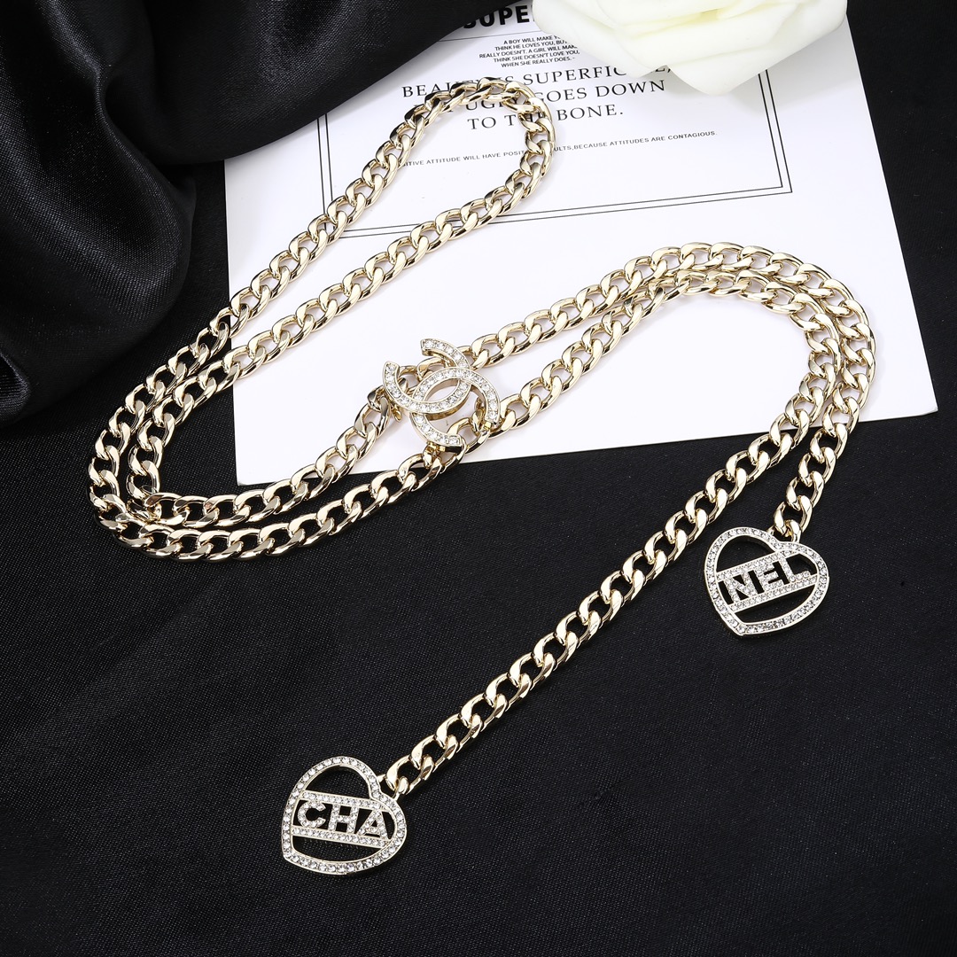 CCL291 Double heart with cc logo long chain tassels sweater necklace - ccjewelryacc