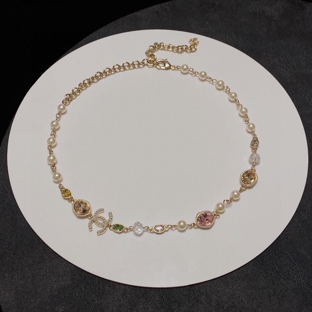 CCN529 Colorful rhinestone cc logo choker necklace - ccfashionjewelry
