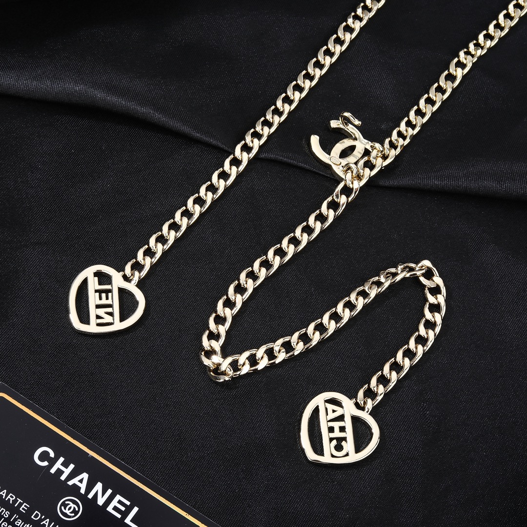 CCL291 Double heart with cc logo long chain tassels sweater necklace - ccjewelryacc