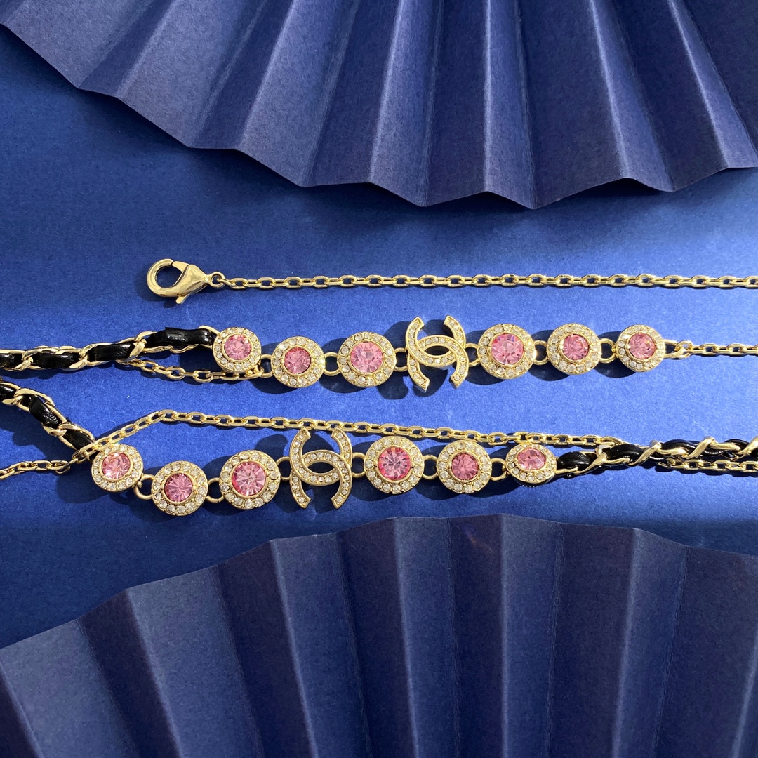 CCL076 Metal leather long chain pink rhinestone with cc logo sweater necklace - ccjewelryacc