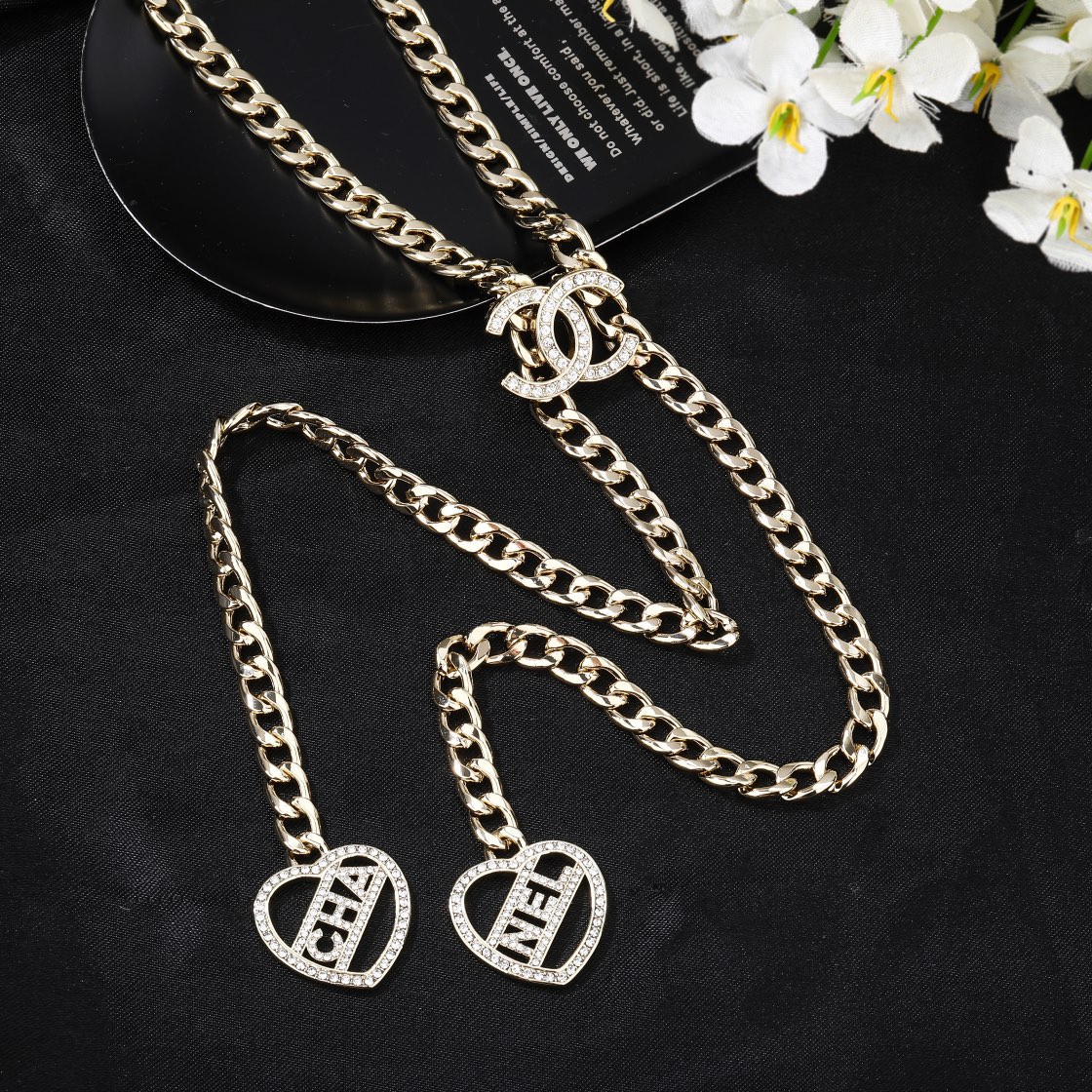 CCL291 Double heart with cc logo long chain tassels sweater necklace - ccjewelryacc