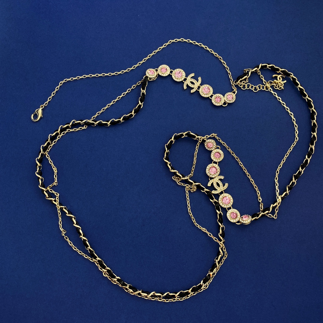 CCL076 Metal leather long chain pink rhinestone with cc logo sweater necklace - ccjewelryacc