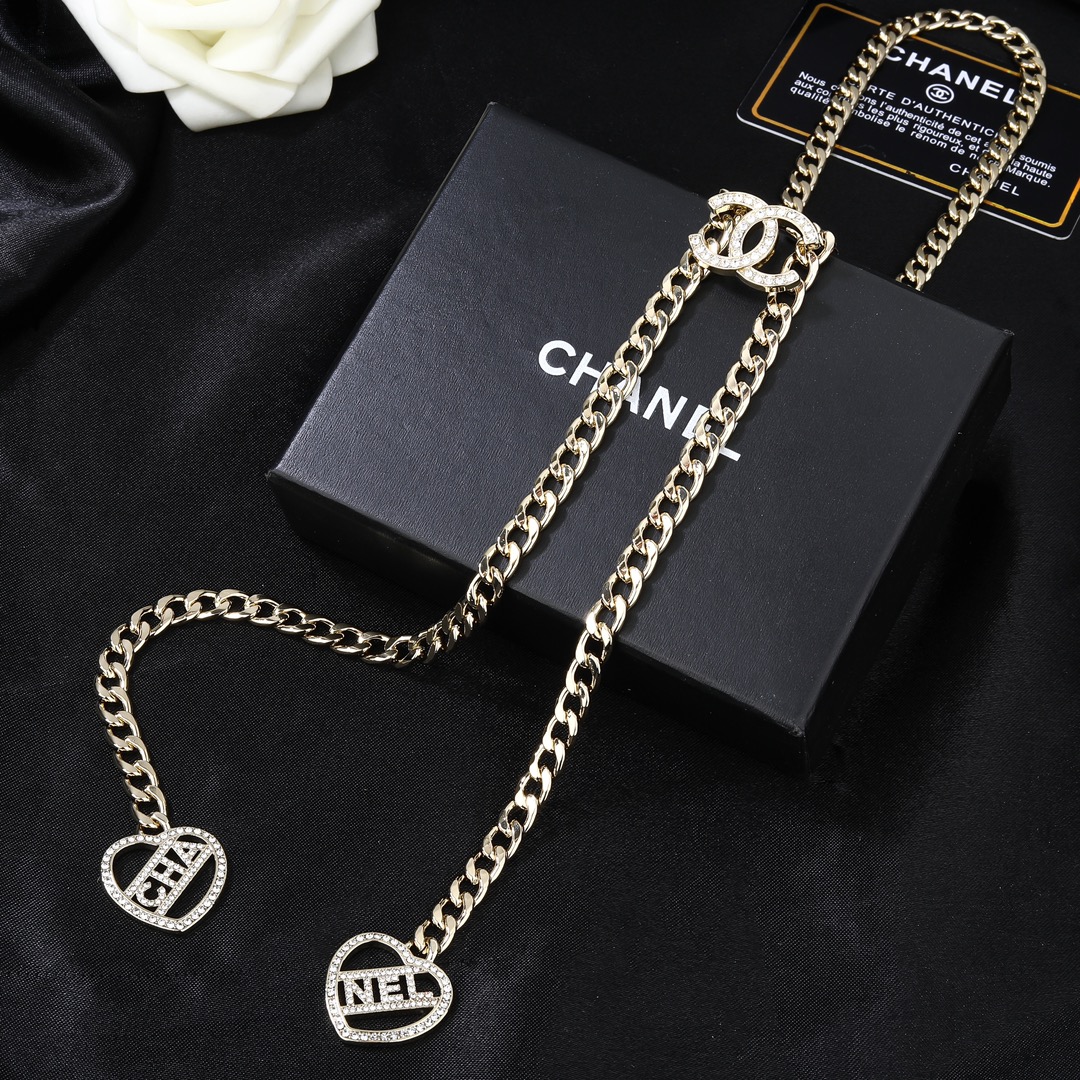 CCL291 Double heart with cc logo long chain tassels sweater necklace - ccjewelryacc