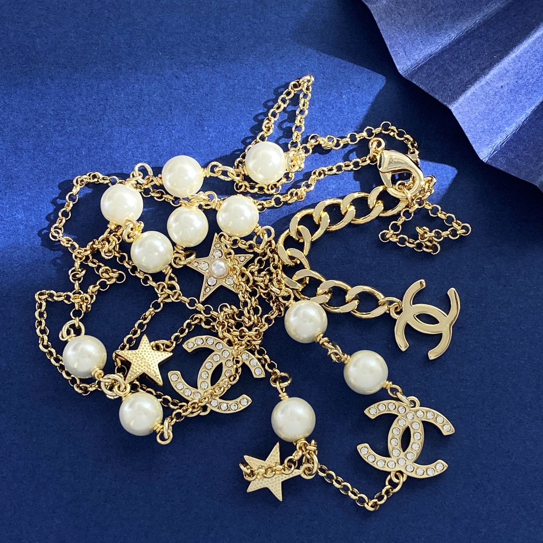 CCL046 Metal Long Chain with Cometa Star Pearls Sweater necklace - ccjewelryacc