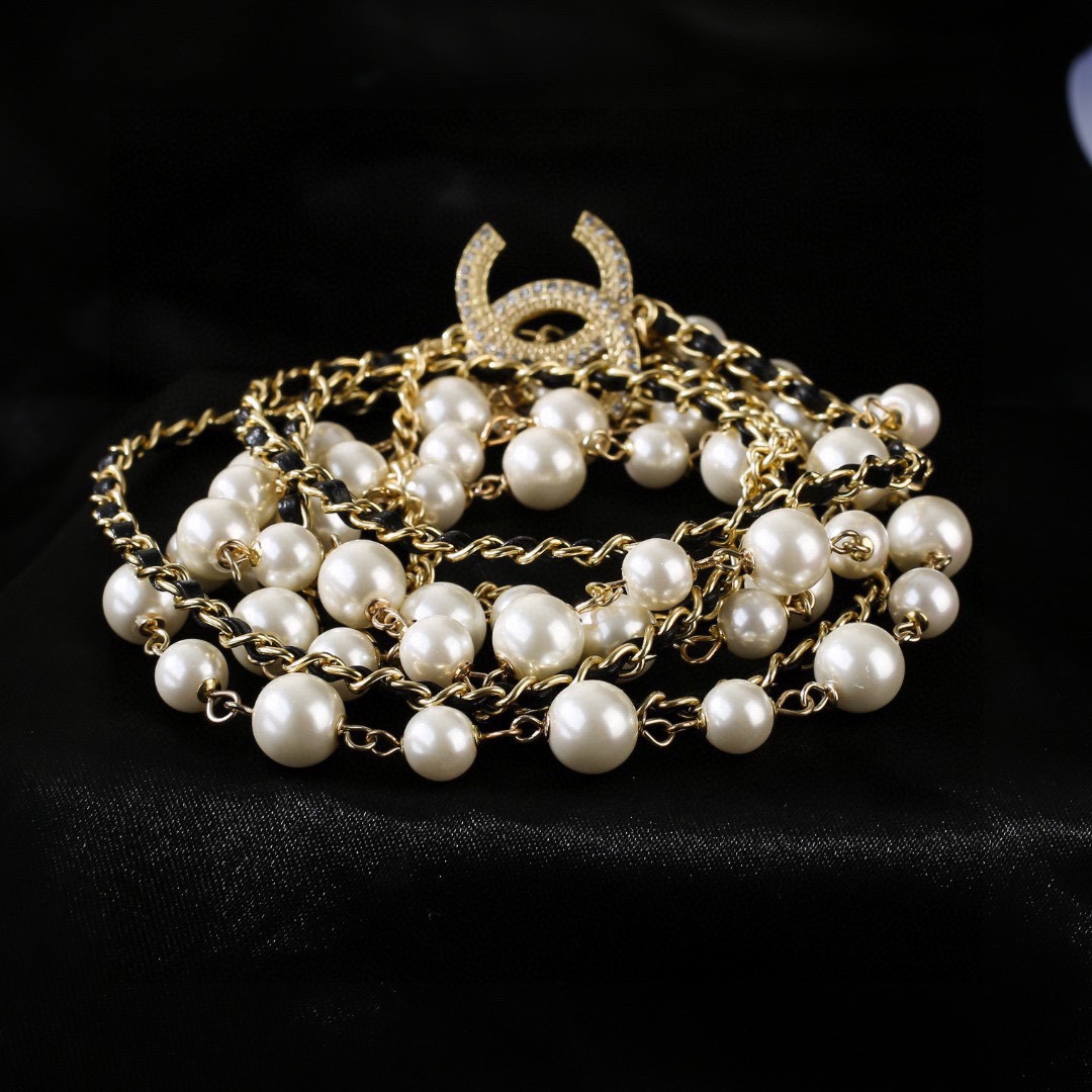 CCL077 Metal leather pearl long chain with cc logo sweater necklace - ccjewelryacc