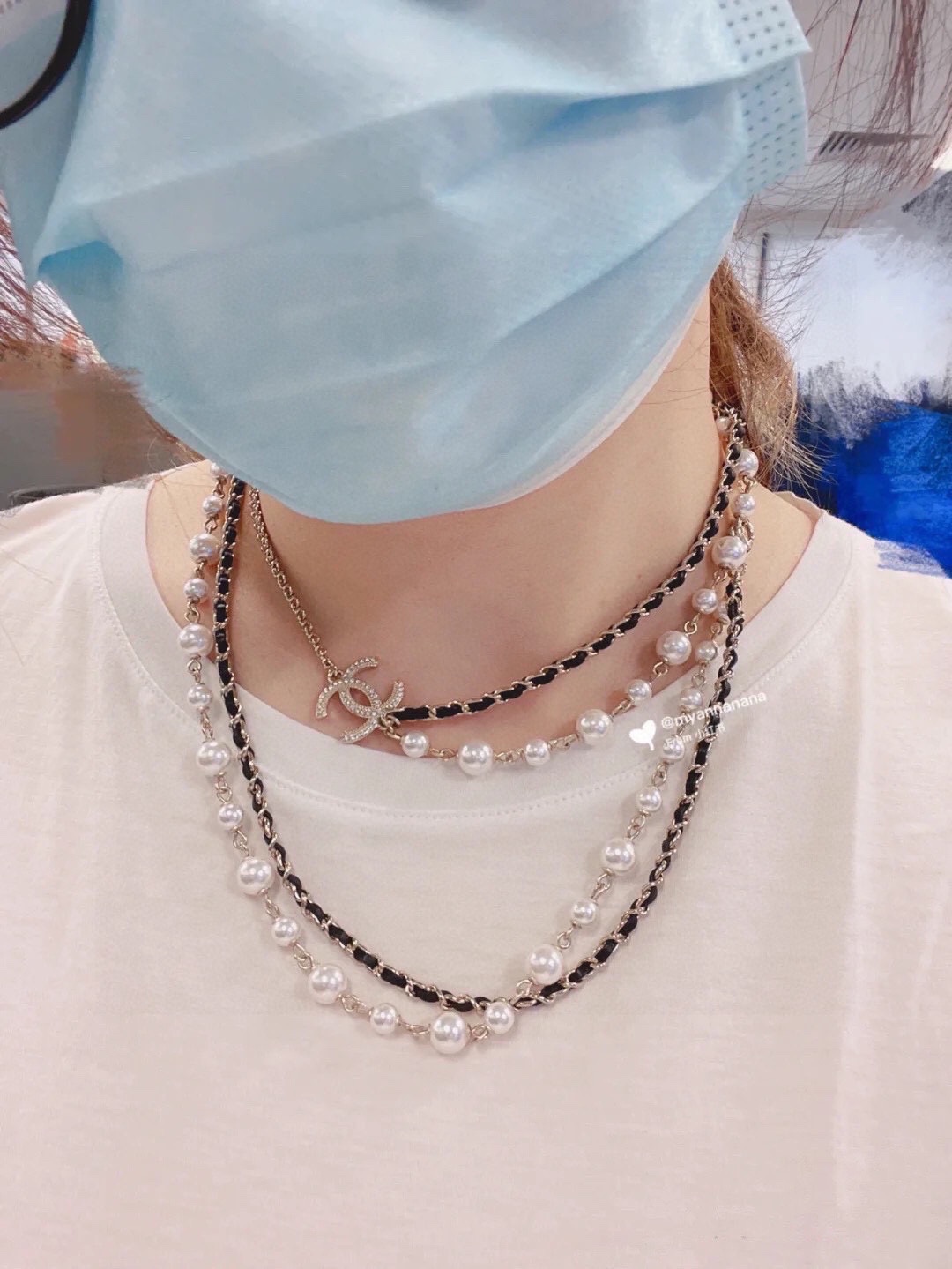 CCL077 Metal leather pearl long chain with cc logo sweater necklace - ccjewelryacc