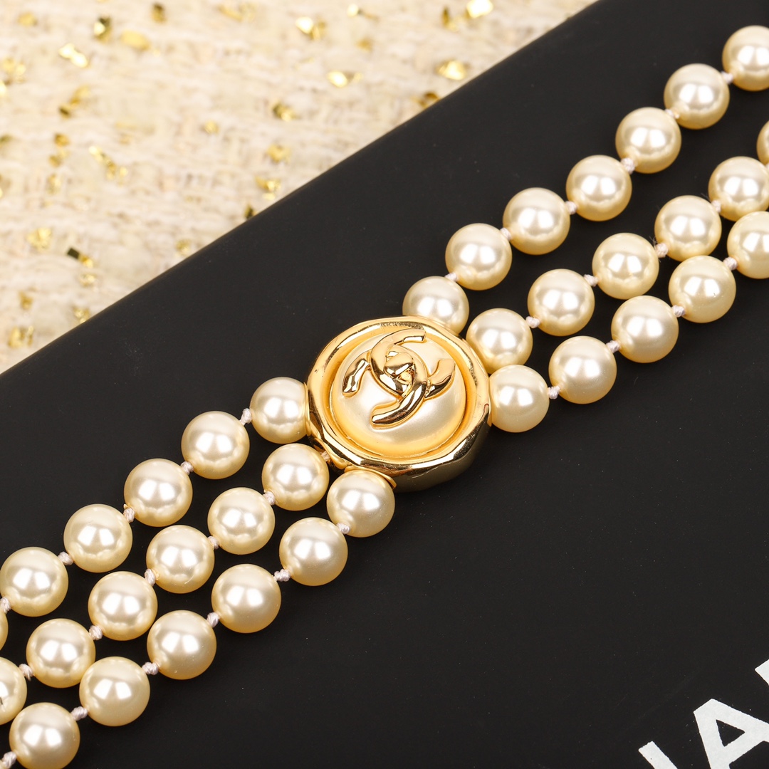 CCW073 Pearls chain with button cc logo waist chain belt - ccjewelryacc