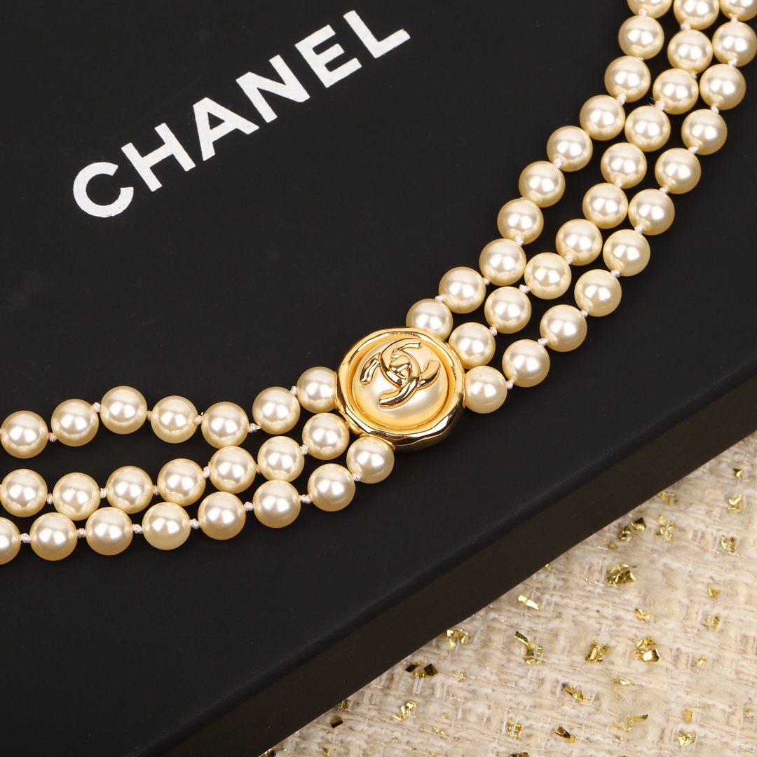 CCW073 Pearls chain with button cc logo waist chain belt - ccjewelryacc