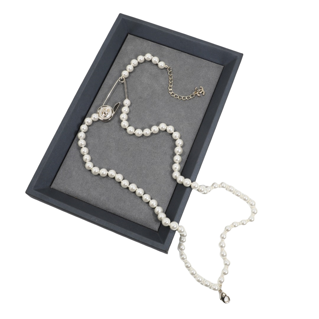 CCN535 Double Pearl chain with CC Logo safety pin necklace - ccjewelryacc