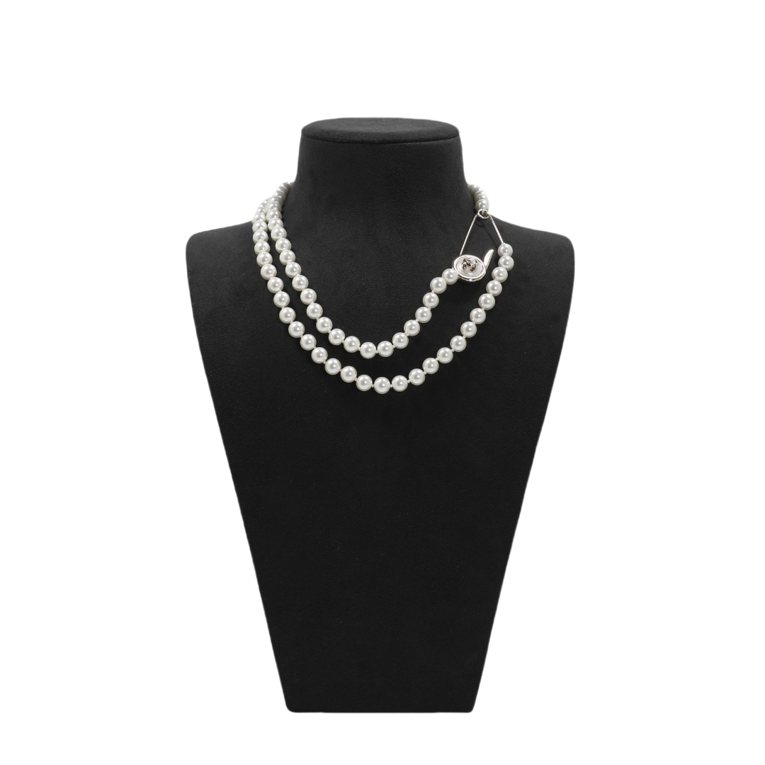 CCN535 Double Pearl chain with CC Logo safety pin necklace - ccjewelryacc