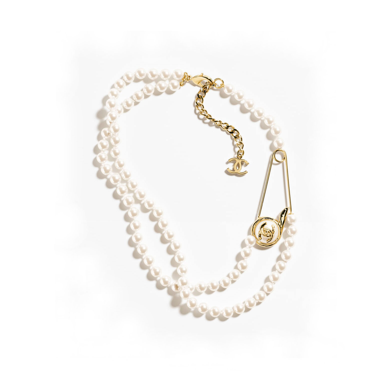 CCN535 Double Pearl chain with CC Logo safety pin necklace - ccfashionjewelry