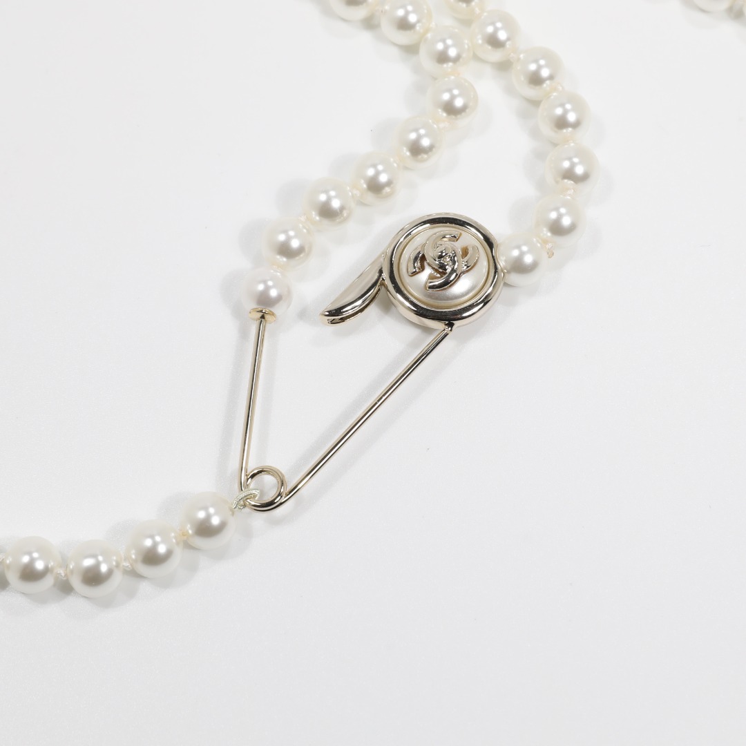 CCL080 Coco long pearl chain with cc logo pin sweater necklace chain belt - ccjewelryacc