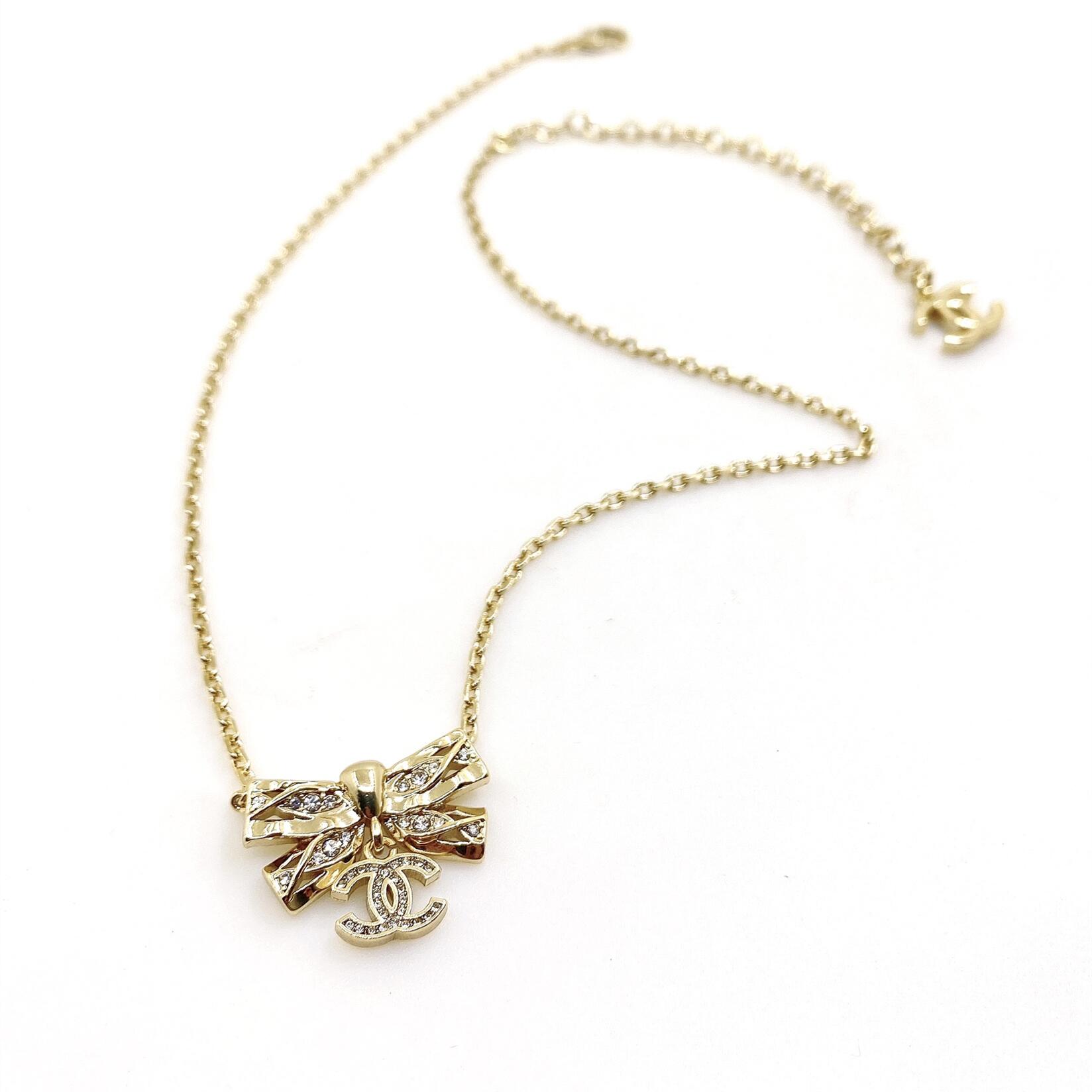 CCN536 Gold bow set crystal necklace - ccjewelryacc