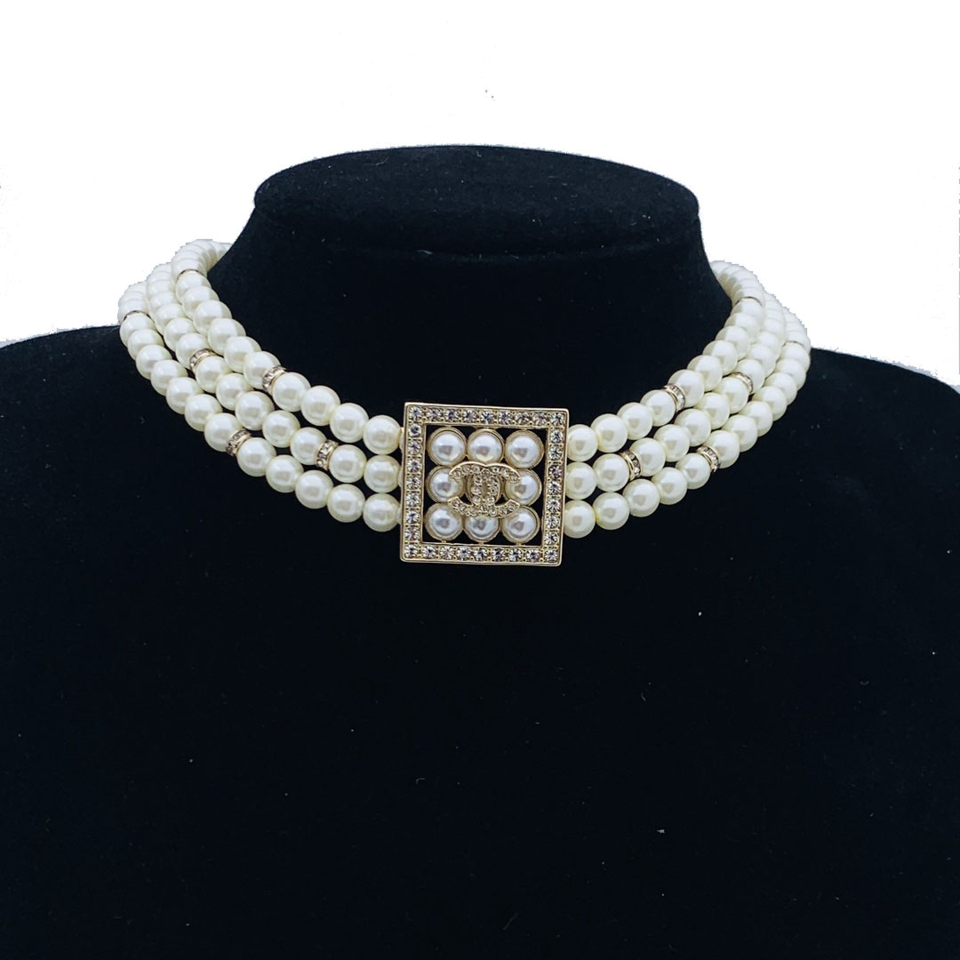 CCN076 Three layers pearl with square pendant choker necklace - ccfashionjewelry