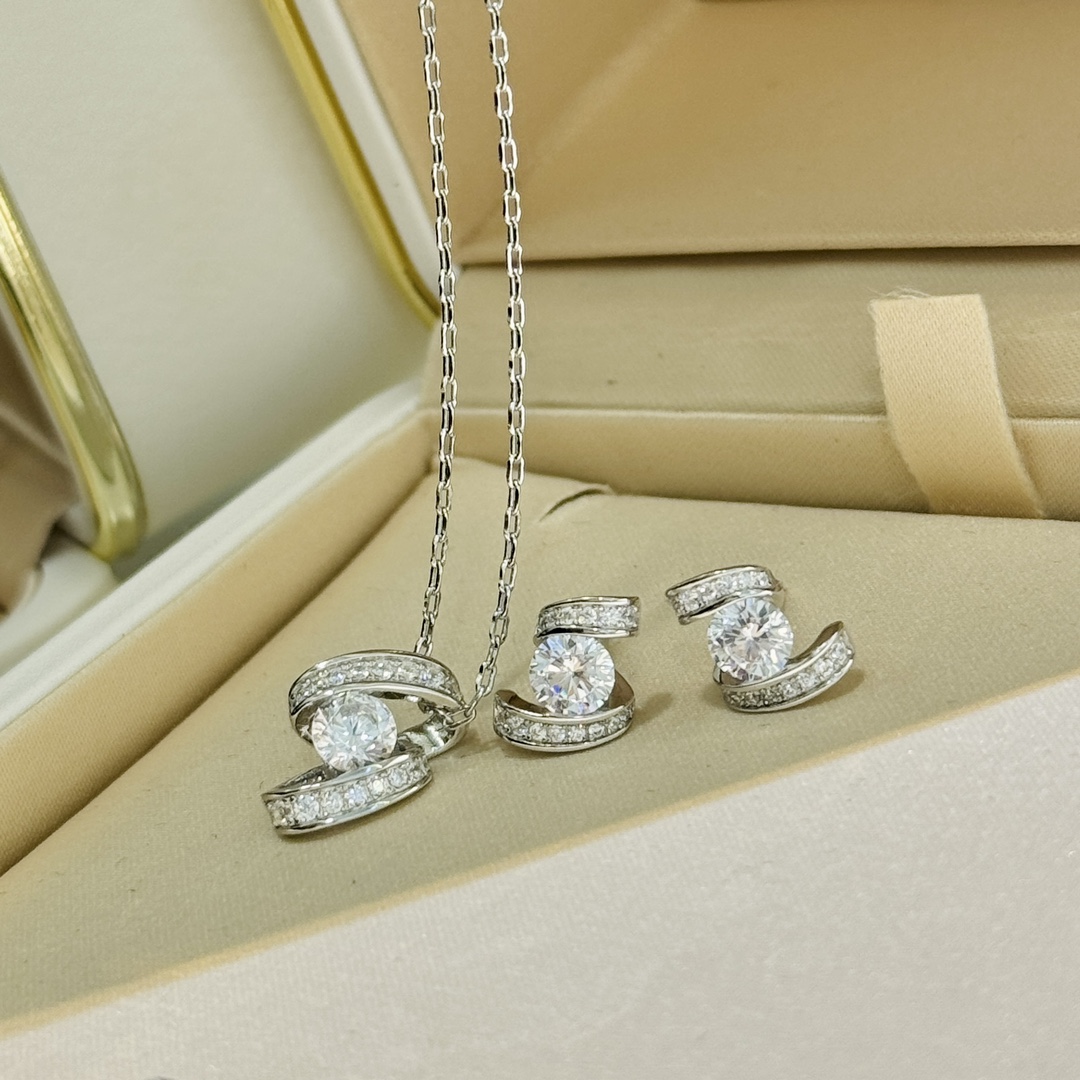 CMNS014 S925 Sterling silver diamond Josephine pendant Necklace stud earring - ccjewelryacc