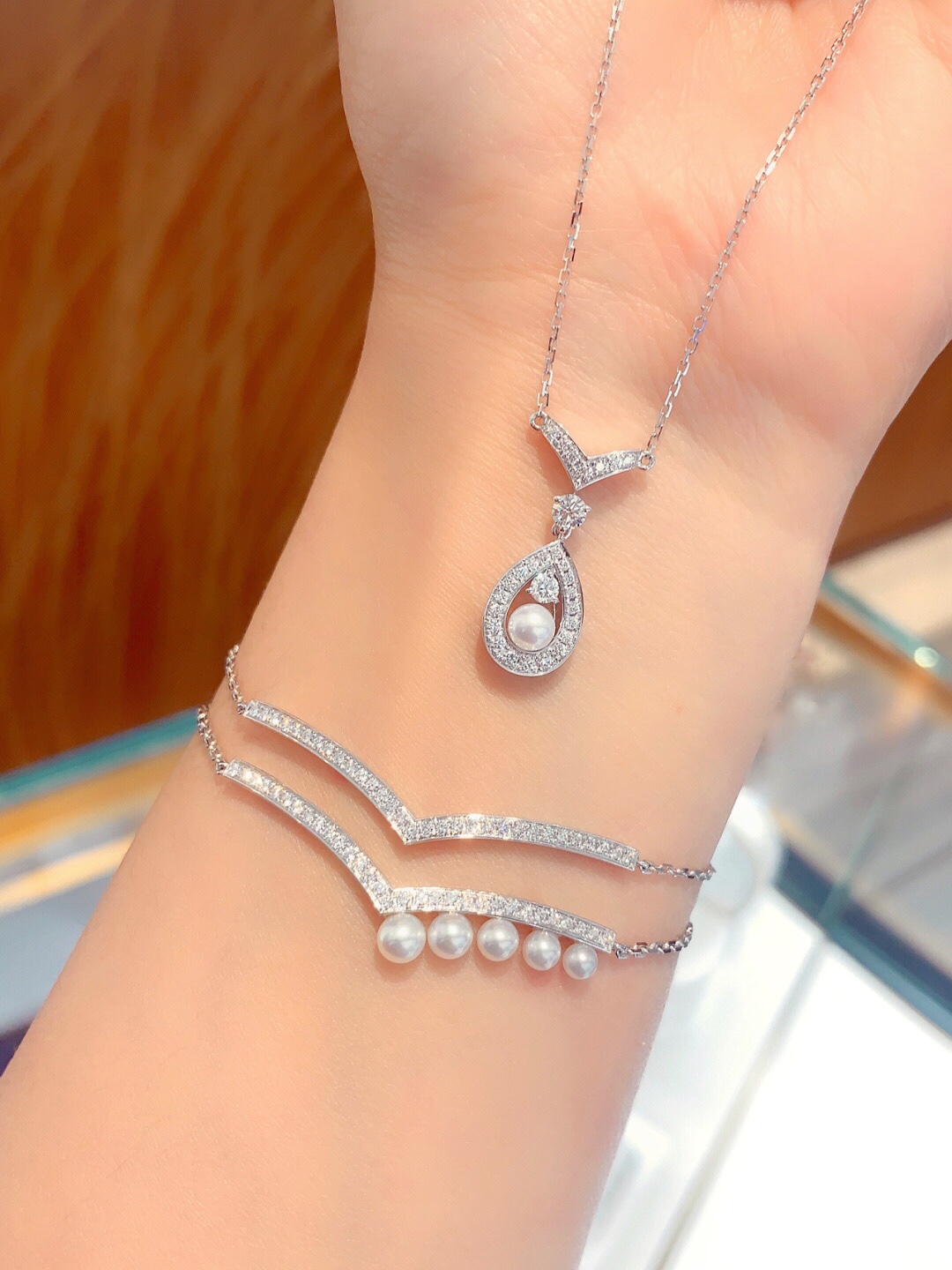 CMNS012 S925 Sterling silver diamond Pearl Josephine pendant Necklace - ccjewelryacc