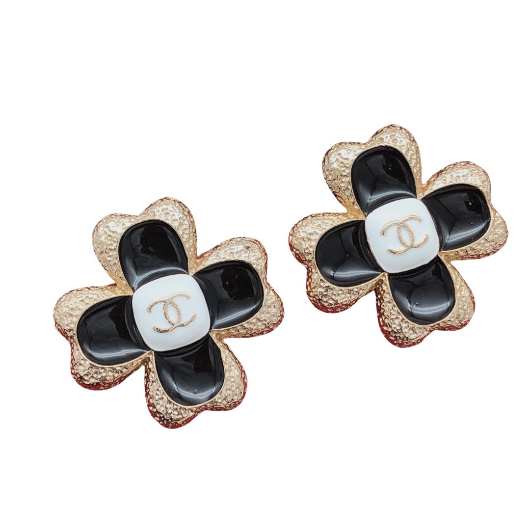 CCE213 CC Logo four leaf clover camellia flower earrings - ccjewelryacc