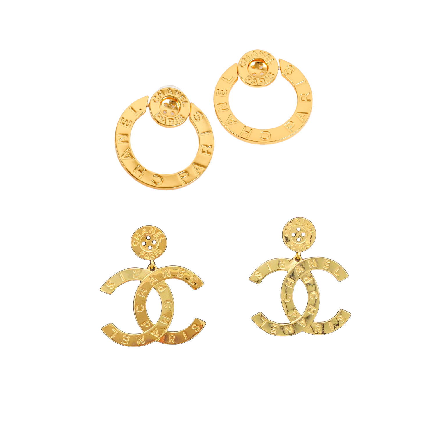 CCE159 Vintage Gold button with chanel paris letter engrave cc logo stud earring - ccjewelryacc