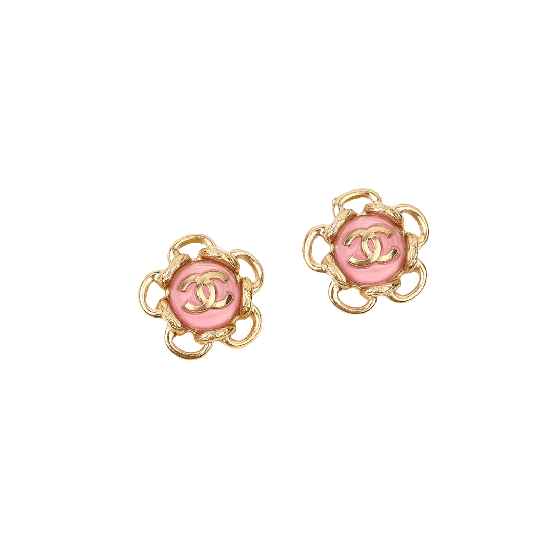 CCE872 24B Pink camellia with cc logo stud earring - ccjewelryacc